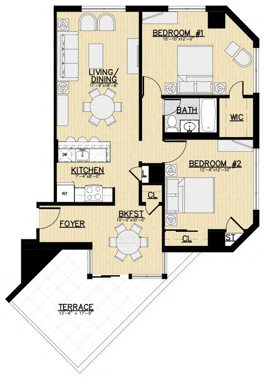 Floor plan for 2 beds, 1 bath, 1069 sqft